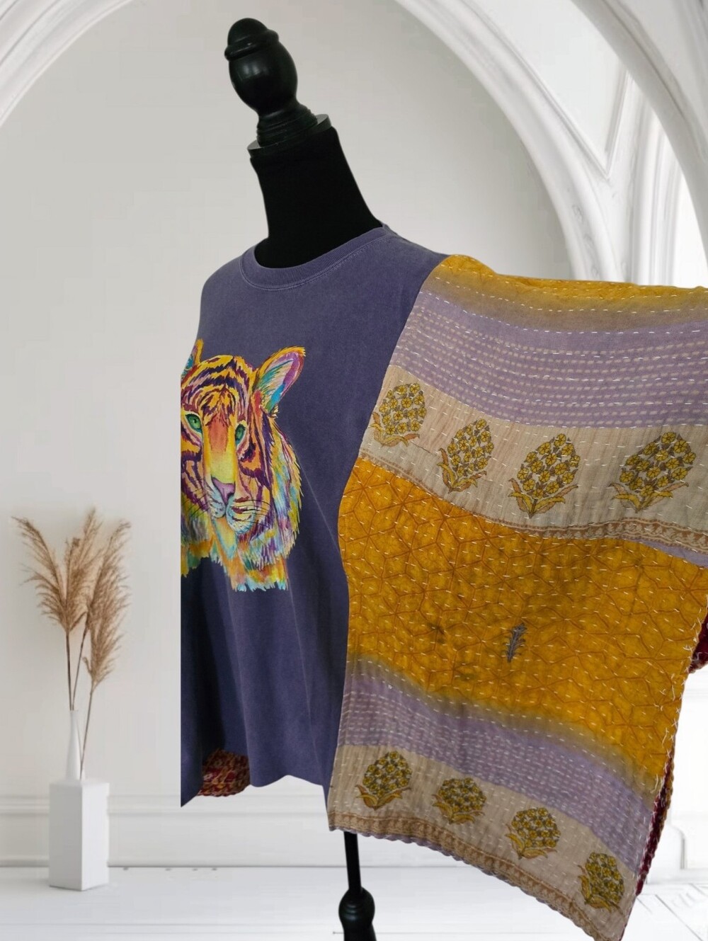 Upcycled Colorful Tiger Graphic Tee With Kantha Sleeves, OS - Picture 3 of 6